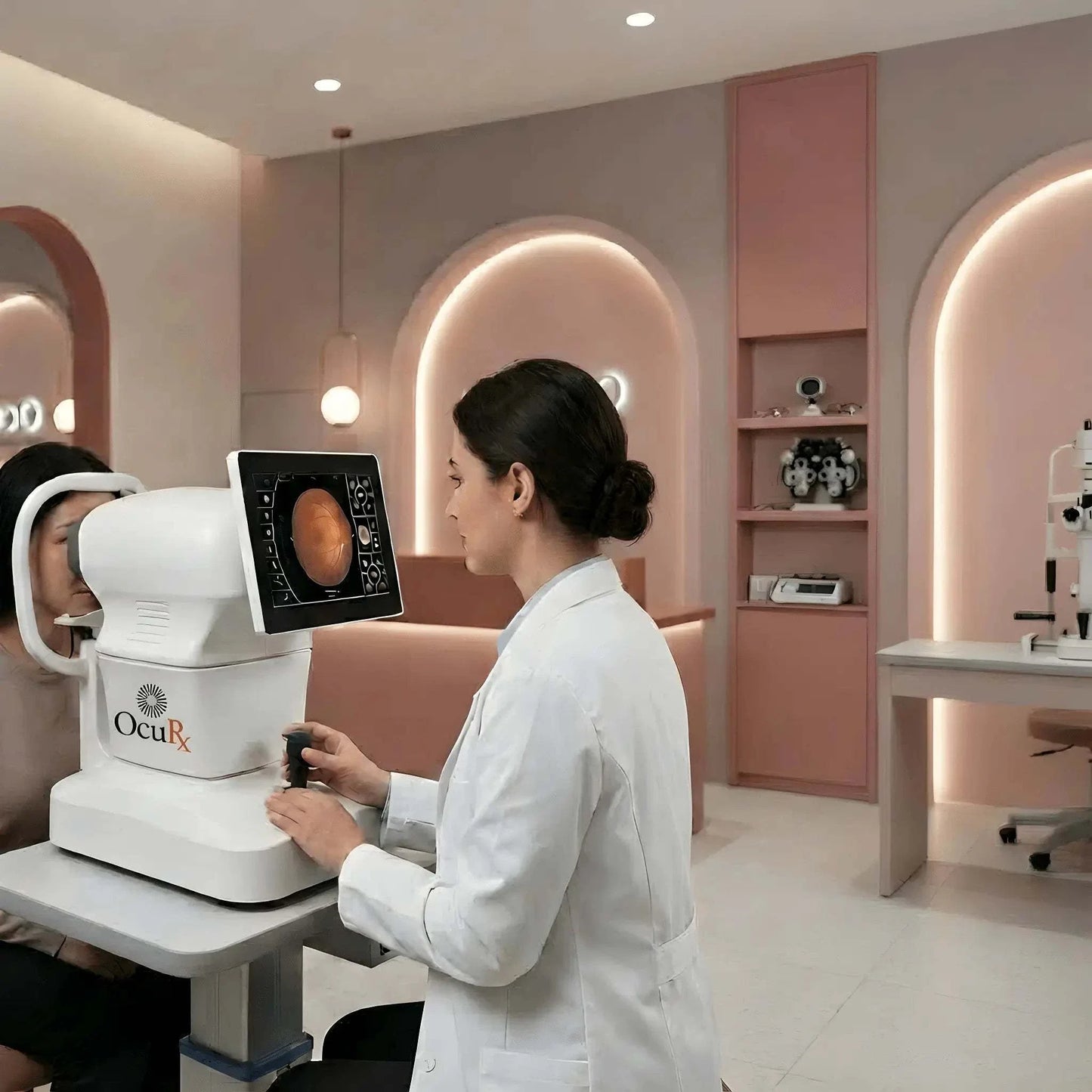 OcuRx SK-680A Fundus Camera showing high-resolution retinal imaging features and touchscreen controls