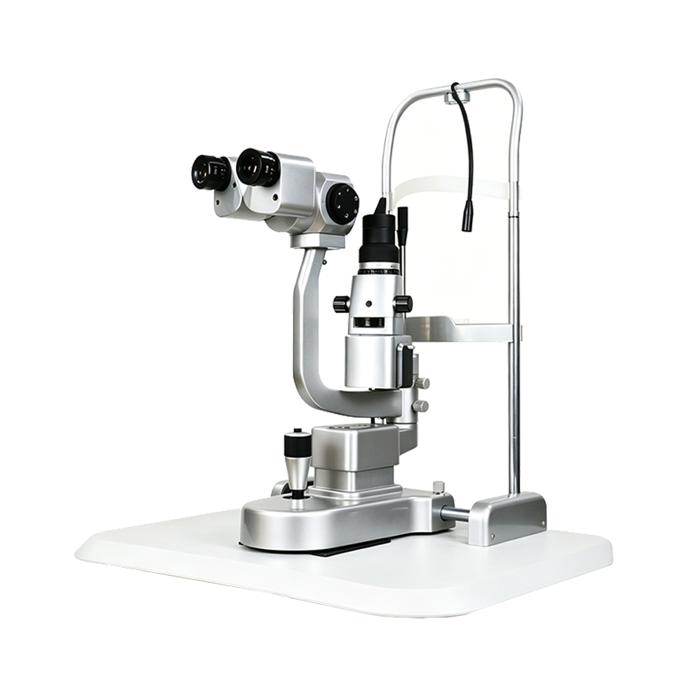OcuRx A350 Slit Lamp Microscope, silver metal examination instrument with black eyepieces and adjustable chin rest support.