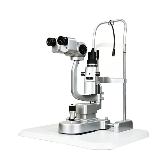 OcuRx A350 Slit Lamp Microscope, silver metal examination instrument with black eyepieces and adjustable chin rest support.