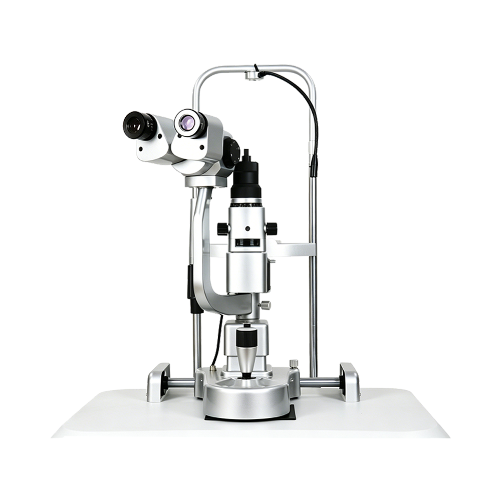 OcuRx A350 Slit Lamp Microscope with a silver metal frame, black eyepieces, and adjustable optical and illumination components.