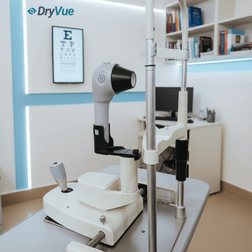 DryVue Dry Eye Analyzer diagnostic device with display screen and control buttons for dry eye disease assessment
