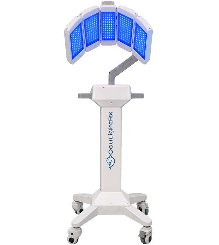 OcuLightRx LLLT device front view with blue light panels