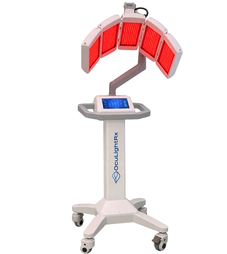OcuLightRx LLLT device rear view with red light panels and touchscreen control panel
