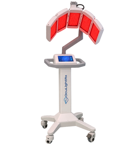 OcuLightRx LLLT device rear view with red light panels and touchscreen control panel