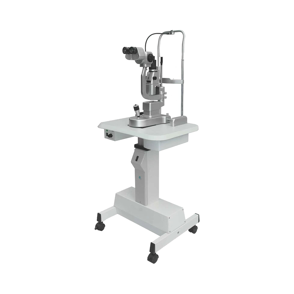 OcuRx A350 Slit Lamp Microscope, white and silver ophthalmic instrument with twin eyepieces, chin rest and wheeled stand.