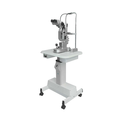 OcuRx A350 Slit Lamp Microscope, white and silver ophthalmic instrument with twin eyepieces, chin rest and wheeled stand.