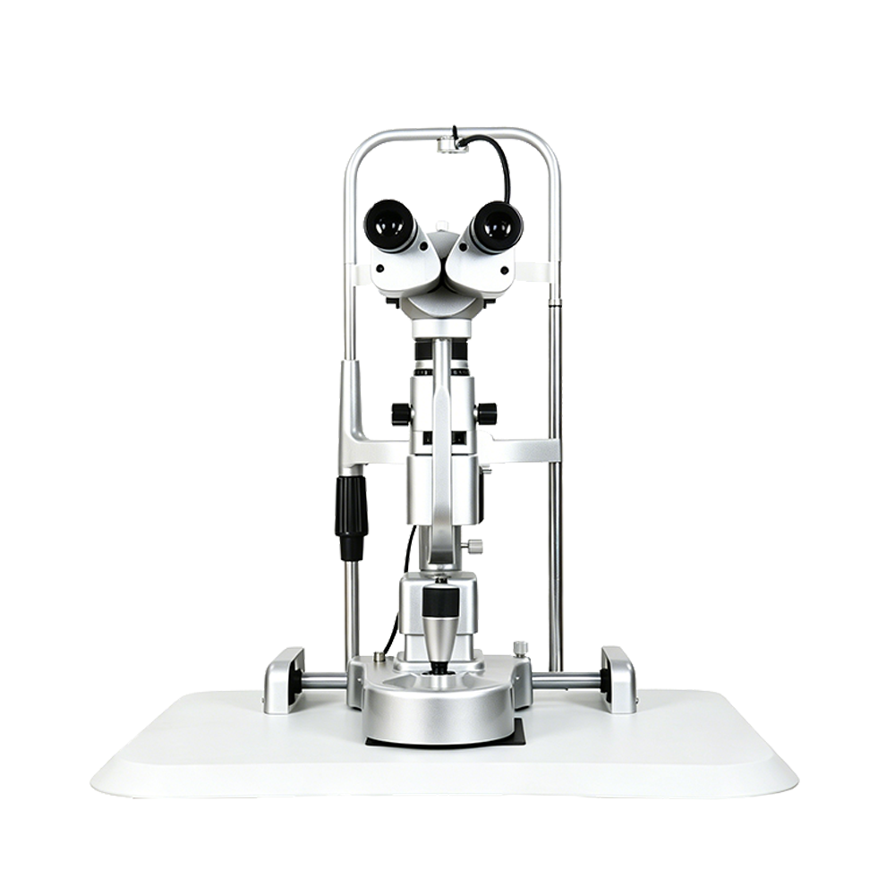OcuRx A350 Slit Lamp Microscope with a silver metal frame, white base and twin black eyepieces.